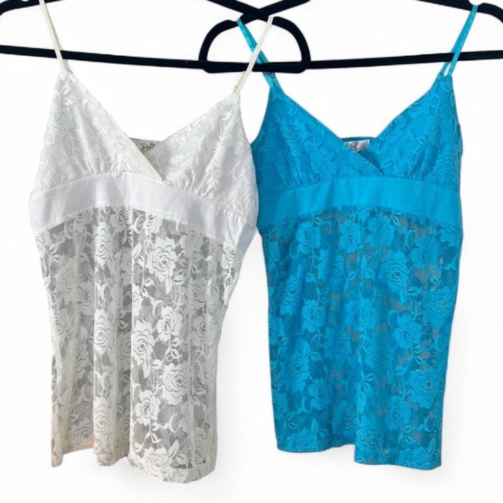 Y2K Bozzolo White and Teal Lace Camis